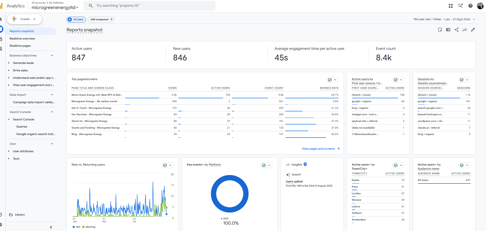Google Analytics snapshot for the Micro Green Energy website showing visitor activity