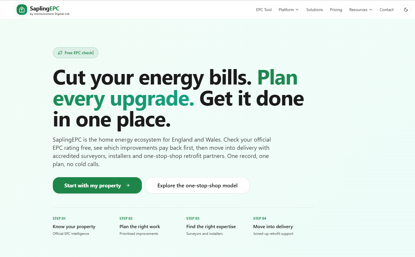 Sapling EPC website showing a property-first home energy journey